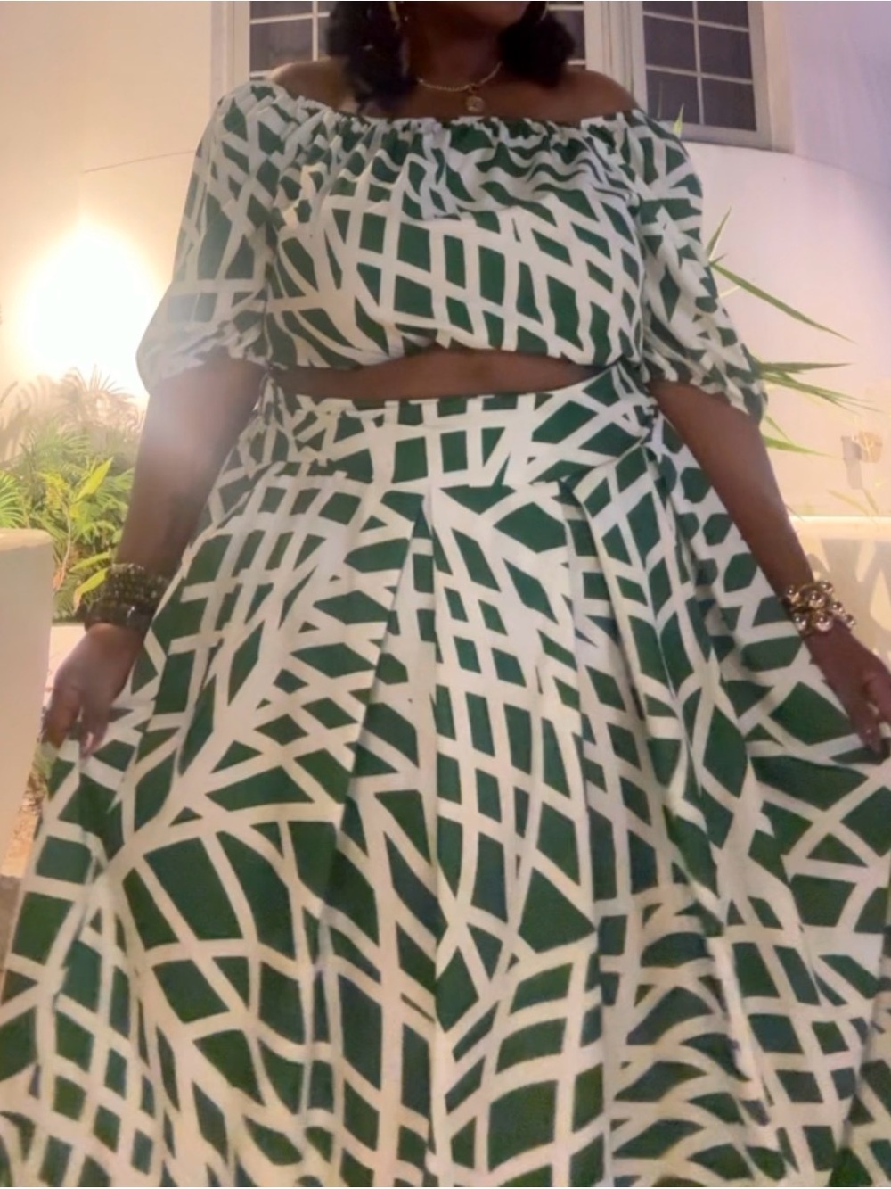 Green and White Geometric Maxi Skirt and off shoulder top - Women